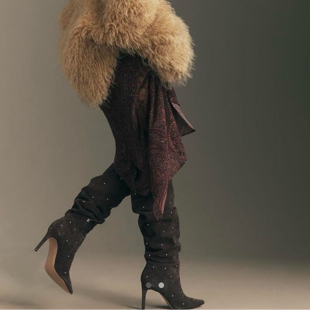 Anthropologie Studded Suede Knee-High Stiletto Boots - Brown